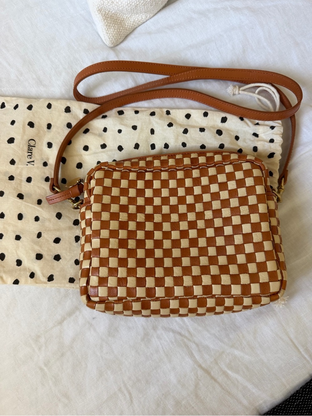 Clare V Midi Sac in Tan & Cream Woven Leather. RARE.  Crossbody strap inc